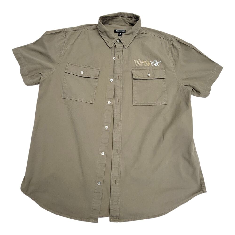 True Religion Shirt Mens Large L Brindle Tan Button Down Triple Needle Buddha